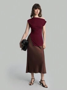 Ontre 2025年新款女士安哥拉红不对称褶饰修身春季不对称下摆修身衬衫，优雅露肩上衣，女士独立日服装，欧洲夏季服装，女士教师服装，Y2K - 酒紅色 - 查看 6