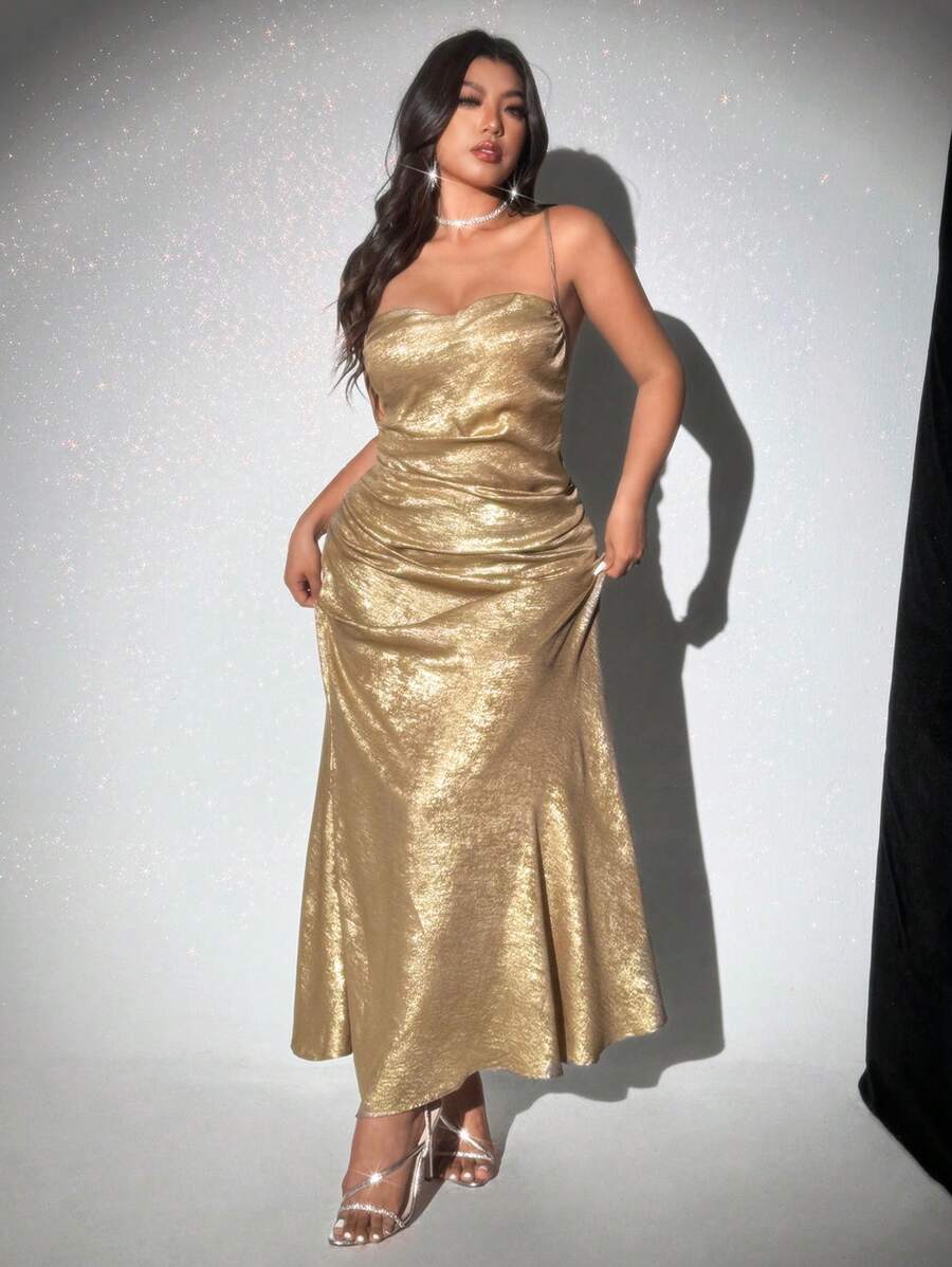 Viva Relle Plus Size Women's Solid Color Metallic Ruched Slip Gold Dress - Gold - View 1