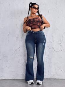 SHEIN EZwear Plus Size Women Pocket Distressed Flare Jeans