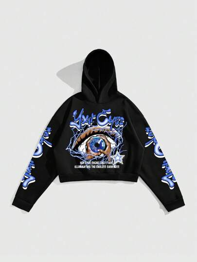 Street Life Herren Locker Sitz Kurz Hoodie mit Augen Slogan Aufdruck