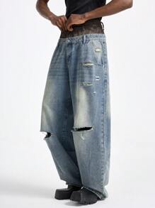 NEON BLANC Denim Cintura Dupla de Perna Larga Estilo Urbano para Homens