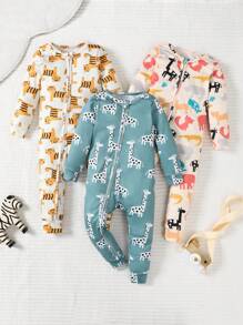 SHEIN 3 件套男婴休闲可爱数码印花长颈鹿、动物和豹纹拉链长袖连体衣套装，舒适家居服 - 彩色 - 查看 3