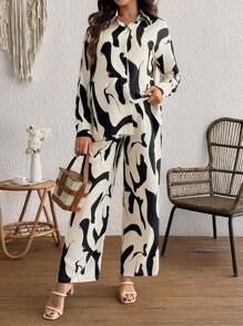 SHEIN 2pcs Maternity Set: Solid Color Lapel Long Sleeve Shirt Top And Casual Pants - Multicolor - View 3