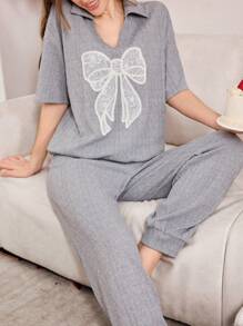 3D Bow Embroidery Collar Casual Jacquard Short Sleeve Pants Women Pajama Set
