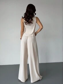 Firerie 女士春季优雅浪漫时尚办公室通勤杏色无袖上衣+宽松阔腿裤两件套，适合派对、旅行、返校、浪漫约会和婚礼生日、情人节女装 - 白色 - 查看 6