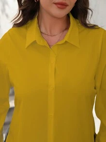 SHEIN Plus Size Solid Color Asymmetrical Hem Casual Long Sleeve Shirt Fall Cloth For Women - Yellow - View 6