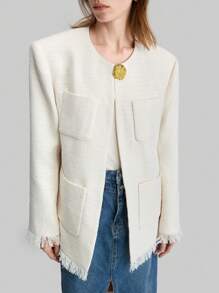 Ontre Round Neck Jacket, Old Money Metal Button, Cream White, Patch Pockets, Regular Fit, Ladies Outwear, Round Neck, Long Sleeve, White Cuff And Hem, Hand-Pull Fleece Outerwear, Spring Apparel - White - View 4