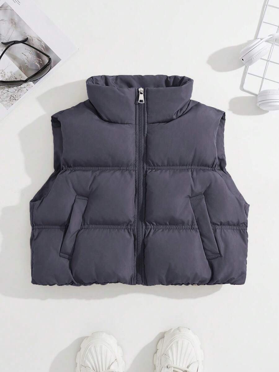 SHEIN Unity Women Solid Color Zipper Collar Winter Vest - Dark Grey - View 1