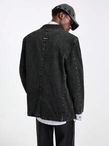 NEON BLANC Men's Streetwear Acid-Washed Long Sleeve Double-Breasted Denim Blazer, For Fall Winter - Black - View 4
