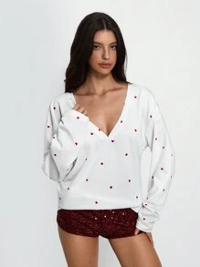 SHEIN Unity Áo thun cổ chữ V in họa tiết trái tim ngọt ngào, chủ đề ngày lễ tình nhân - trắng - Xem 4