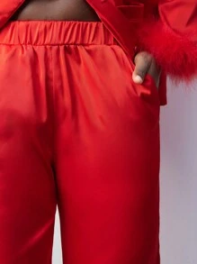 Maija Women's Red Autumn Seksi Chic Lounge 2 Pieces Set,Fur Cuff Patchwork Pullover Sweatshirt&Elastic Waist Loose Pants,Christmas Valentine's Day Outfit - Red - View 5