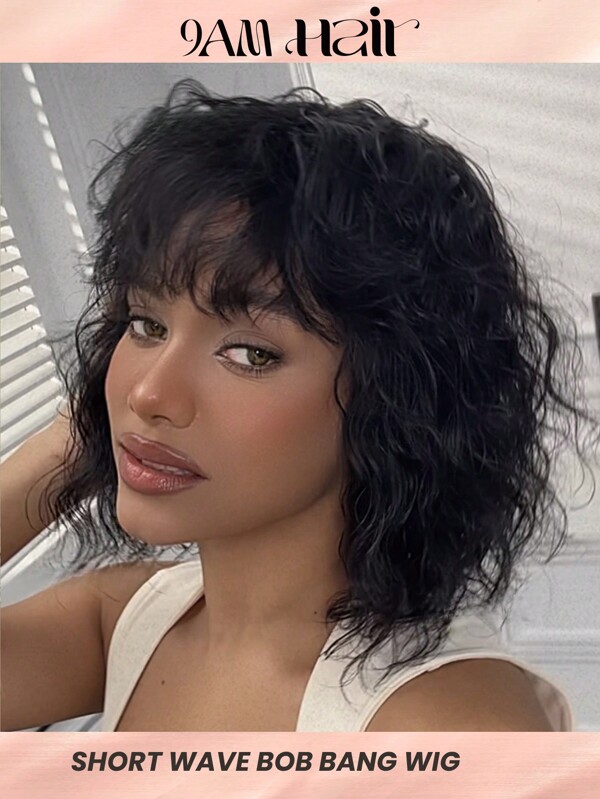 Short Wavy Bob Wig With Bangs Human Hair 8" Whitney Vibe Water Wave Bod Bang Wigs Airy Pixie Cut Bob Wig With Bangs For Women