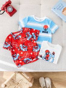 SHEIN Compra dos y llévate gratis. Camisa de punto de manga corta con cuello redondo suave y cómoda, de estilo casual y sencillo, práctica y versátil, adecuada para uso diario, la escuela, los viajes y los deportes, en primavera y verano, para niños pequeños.