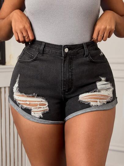 SHEIN SXY 大码女式复古水洗牛仔弹力灰色时尚破洞超短裤