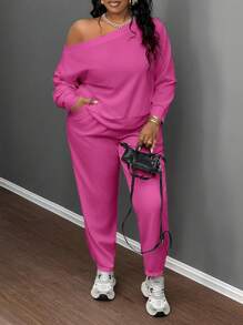 Slaydiva 2pcs Women Plus Size Basic Solid White Fitted Asymmetric Neck Top And Straight Leg Pants, Cross Rib Knit Fabric, Casual & Home Wear, Spring/Autumn