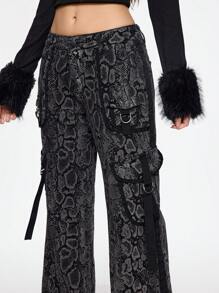 ROMWE Grunge Punk Quần Jeans Thường Ngày Thiết Kế Đơn Giản Có Túi Họa Tiết Cho Nữ, Mặc Hàng Ngày - màu đen - Xem 4