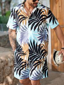 ResortEase 2pcs/Set Men's Minimalist Front Button Plant Print Short Sleeve Shirt & Shorts