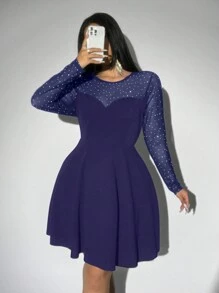 Viva Relle Plus Size Fashionable Rhinestone Mesh Patchwork Dress