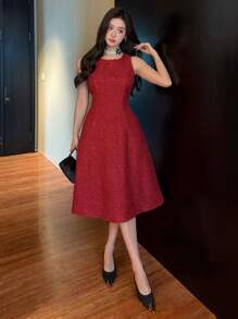 DAZY 优雅婚礼宾客、派对、约会着装纯色圆领铆钉中长连衣裙，女士舞会礼服，优雅吊带裙，婚礼礼服，红色女士圣诞连衣裙 - 紅色 - 查看 4