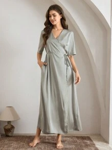 Ocili 女士柔软缎面浴袍，舒适休闲家居服 - 灰色 - 查看 7