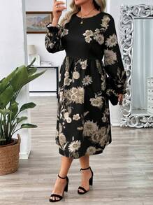 EMERY ROSE 优雅长袖花卉印花褶皱腰 A 字大码女式连衣裙，春季服装 - 彩色 - 查看 3