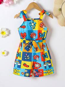 SHEIN Girls' Casual Printed Sleeveless Romper, Suitable For 4-7 Years Old, Spring/Autumn - Multicolor - View 1