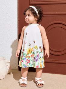 SHEIN 女婴夏季假日可爱花卉印花连衣裙