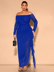 SHEIN BAE Plus Size Women's Off Shoulder Ruched Ruffle Trim Romantic Flowing Elegant Party Maxi Bodycon Dress