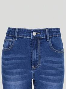 Teen Girls' Navy Blue Elastic Waist Zipper Front Classic Versatile Ripped Back Pocket Rhinestone Embellished Stretch Denim Flare Jeans - Medium Wash - View 4