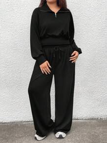 SHEIN Essnce Plus Size Women's Spring And Autumn Fashion Casual Comfortable Daily Half-Zip Long-Sleeved Pullover Sweatshirt And Wide-Leg Pants Black Two-Piece Set,Airport Outfit For Women,Spring Clothes,Curve Pants Set,Streetwear For Women,Black Set,College Students Outfit - Black - View 6