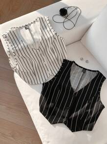 Comfortcana 2pcs Women's Striped Sleeveless Blazer Jacket In Fall/Winter - Black and White - View 3