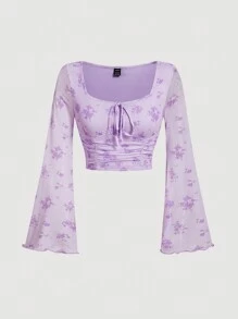 SHEIN MOD Women's Casual Floral Print Flare Sleeve Vintage T-Shirt,Winter,Renaissance,Long Sleeve Women Tops,Hippie Women,Christmas Women,Holiday Top,Vintage