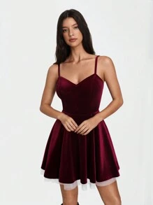 SHEIN Unity 女士纯色拼接细肩带休闲迷你酒红色返校节连衣裙 - 酒紅色 - 查看 7