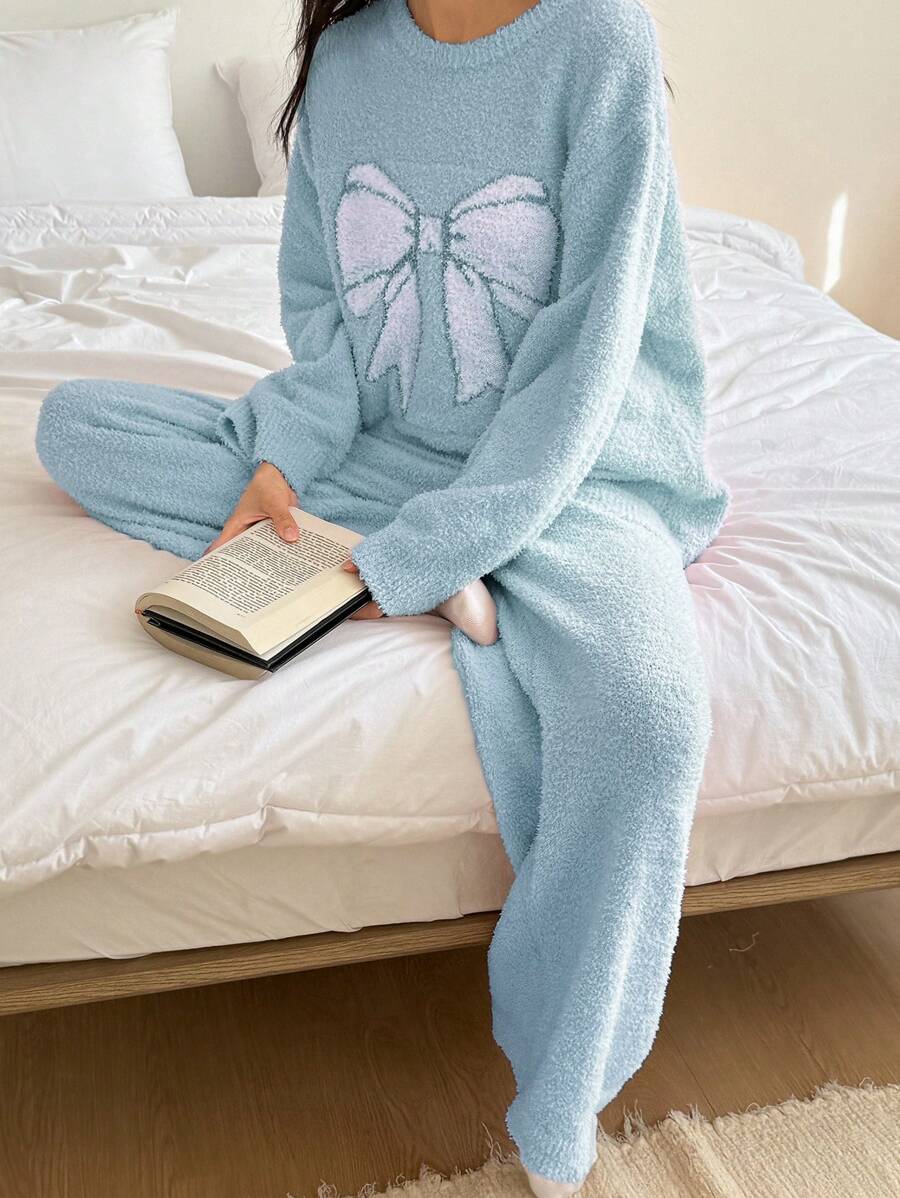 DAZY 冬季半羊毛针织蝴蝶结装饰宽松睡衣套装 - 淺藍色 - 查看 1