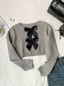 Comfortcana Cárdigan corto con lazo delantero, estilo casual de otoño - Gris - Ver 3