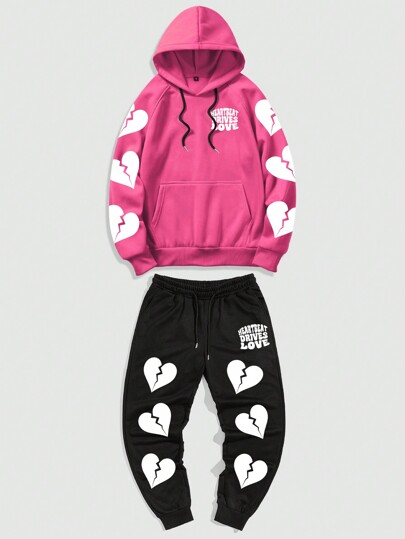 Anime 2pcs/Set Men's Heart Printed Sweatshirt And Pants Set, Love/Lover/Heart