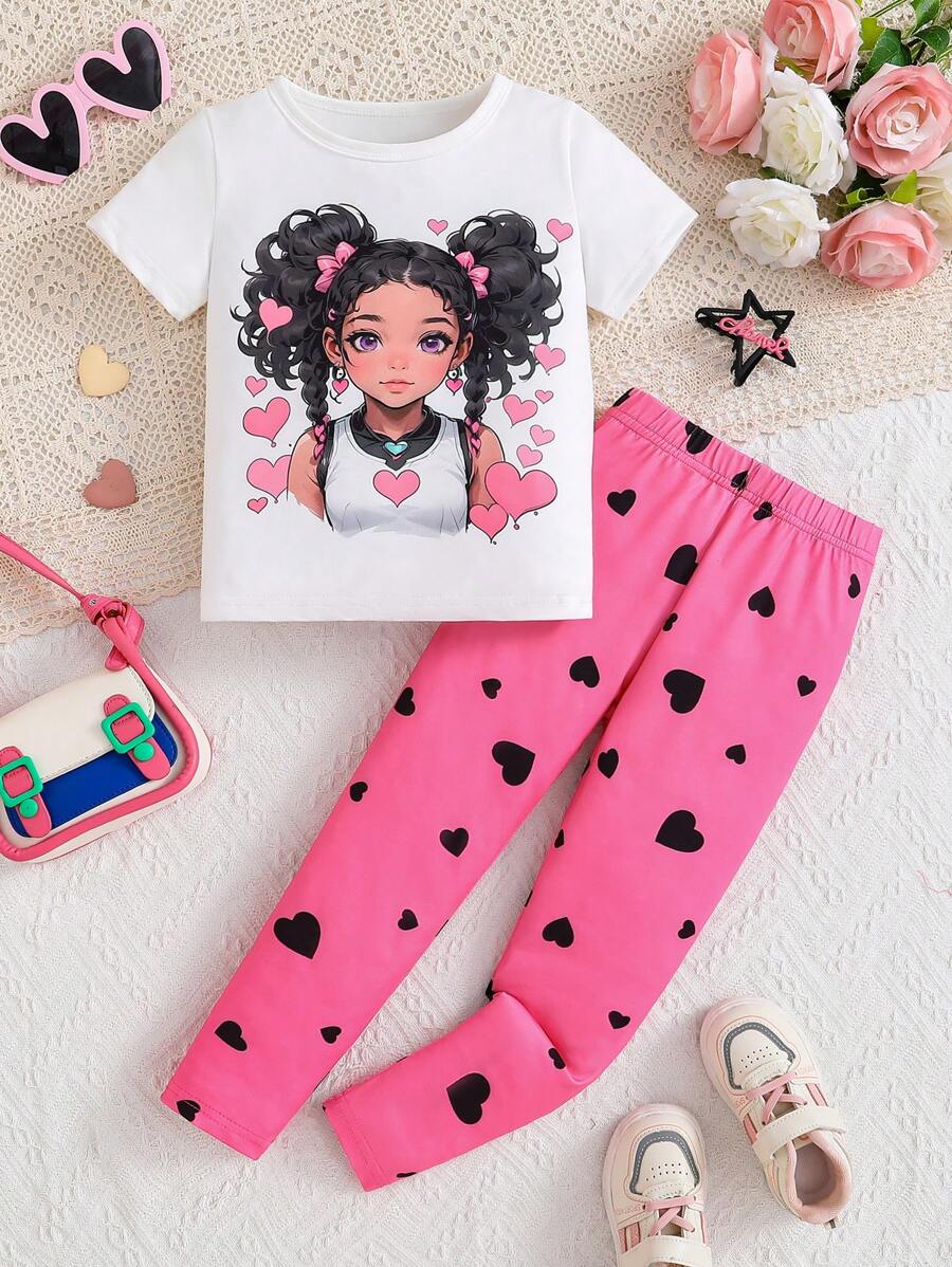 SHEIN 年轻女孩时尚街头时尚可爱迷彩紧身裤和运动套装 - 白色 - 查看 1