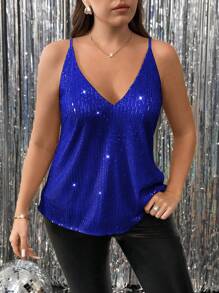 Celure Plus Size Women Solid Color Sequin Decor Loose Camisole For Holiday Party Clothes
