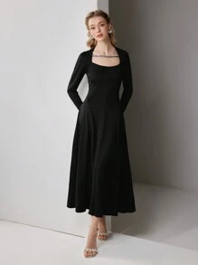 Modelyn Women Solid Color Black Long Sleeve Casual Long Dress Long Evening Dresses - Black - View 5