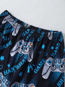 Conjunto de pijama de pantalón corto y top de gráfico de juego de video azul para niños, hecho de material de seda de leche cómodo y resistente a las llamas - Multicolor - Ver 7
