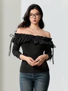 EastFlair Women's Solid Color Pleated Long Sleeve Casual Off Shoulder Top, Everyday Wear - Black - View 1