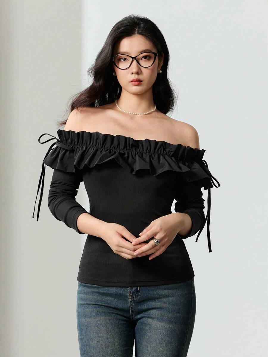 EastFlair Women's Solid Color Pleated Long Sleeve Casual Off Shoulder Top, Everyday Wear - Black - View 1