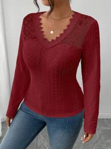 SHEIN Frenchy White V-Neck Lace Patchwork Long Sleeve T-Shirt, Suitable For Layering In Autumn/Winter - Red - View 6