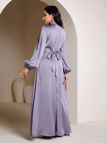 Veilorie 女士优雅纯色灯笼袖超长连衣裙 - 紫色 - 查看 2