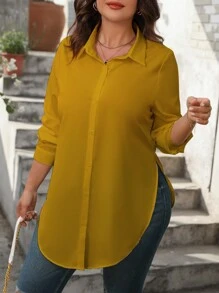 SHEIN Plus Size Solid Color Asymmetrical Hem Casual Long Sleeve Shirt Fall Cloth For Women - Yellow - View 5