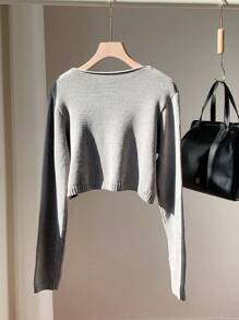 Comfortcana Cárdigan corto con lazo delantero, estilo casual de otoño - Gris - Ver 2