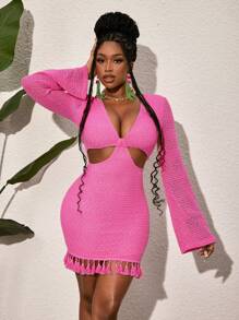 Slaydiva Robe moulante mini à manches longues évasées, col V, taille creuse, texture en tricot, élégante et sexy, rose - Rose bonbon - Voir 6