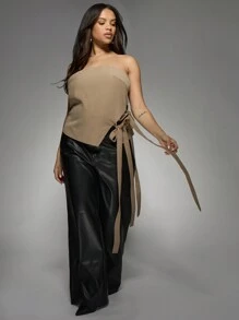 MISSGUIDED PLUS Plus Size Strapless Bandeau Top With Side Bow Detail Evening Party Club Wear Elegant Tube Top Fashion Essential - Khaki - View 3