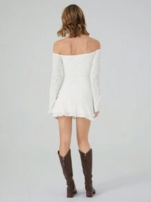 Muchica White Knit Off Shoulder Women's Dress - Apricot - View 2