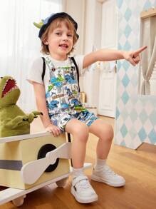 SHEIN 2pcs/Set Young Boy Loose Comfortable Bib Pants With Backpack, Casual Cute Dinosaur Printed, Suitable For School, Sports, Outdoor Activities, Fit For 4-7 Years Old Kids - Multicolor - View 5